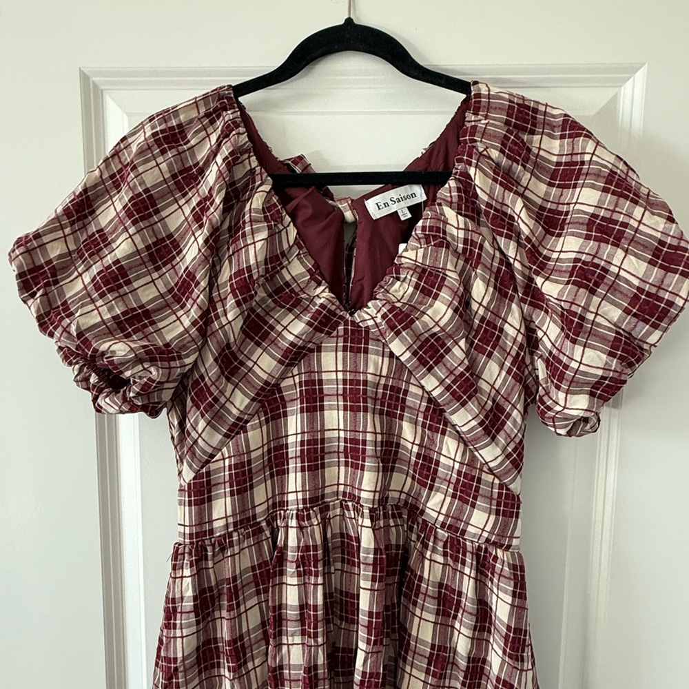 NWT En Saison Burgundy Plaid Midi Dress - Picture 5 of 8
